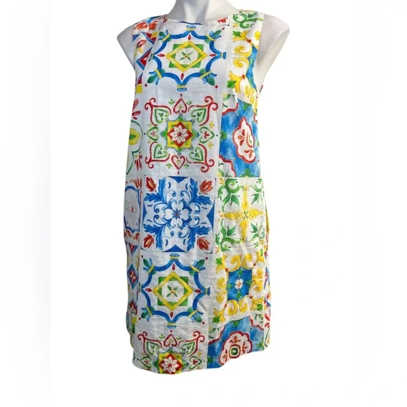 Prosperina Catania Sicilian Tile Print Shift Dress xs sleeveless linen blend - Picture 2 of 6